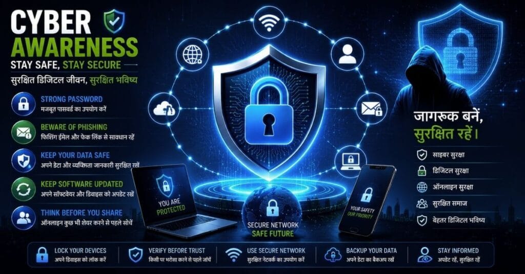 Cyber awareness illustration showing lock, secure network and digital safety protection for IndianTeachLV