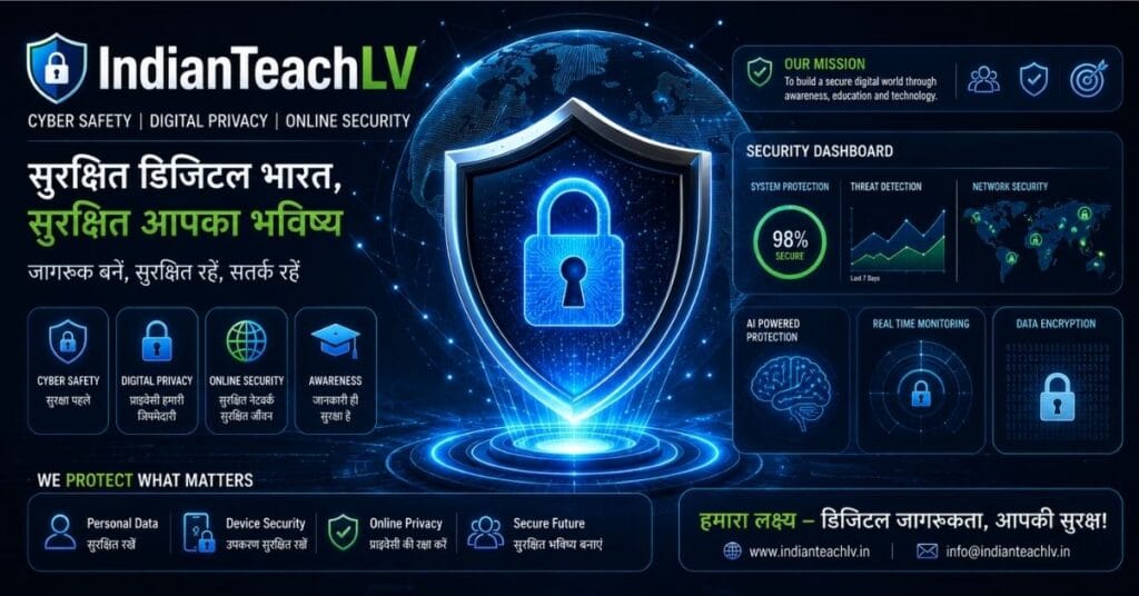 Futuristic AI security dashboard banner showing cyber safety, digital privacy and online protection for IndianTeachLV