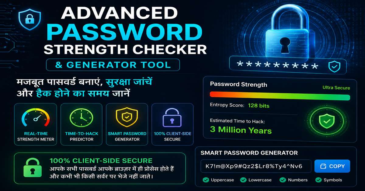 Advanced Password Strength Checker Tool का इंटरफेस जिसमें password security meter, password generator और cyber security protection features दिखाए गए हैं।